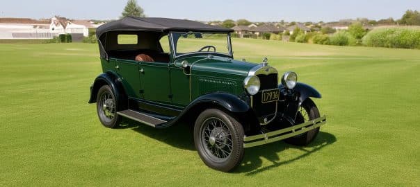 Vintage sepia-toned image of an SUV with open-plan interiors and overhanging eaves
